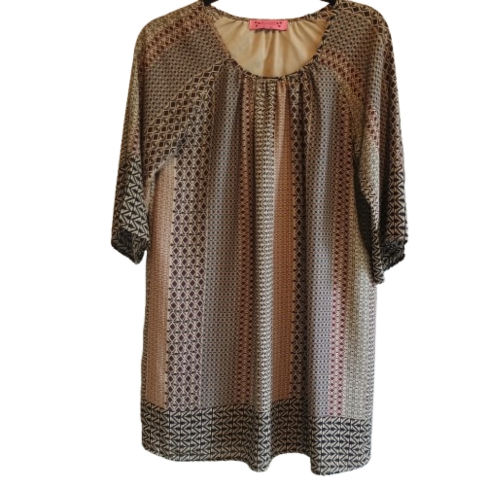 Almost Pink Geometric Print Dress Size M Made in USA 3/4 Sleeve Lined Boho Retro